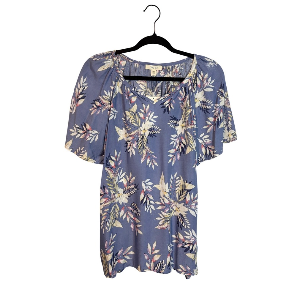 Como‎ Blu Women Blue Floral Rayon Flutter Sleeve Blouse NWT Size Large